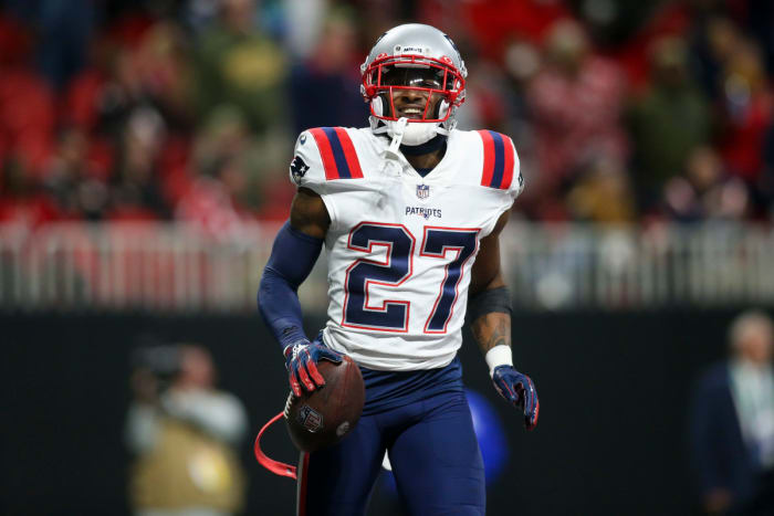 Nov 18, 2021; Atlanta, Georgia, USA; New England Patriots cornerback J.C. Jackson (27) celebrates after an interception against the Atlanta Falcons in the second half at Mercedes-Benz Stadium. Mandatory Credit: Brett Davis-USA TODAY Sports